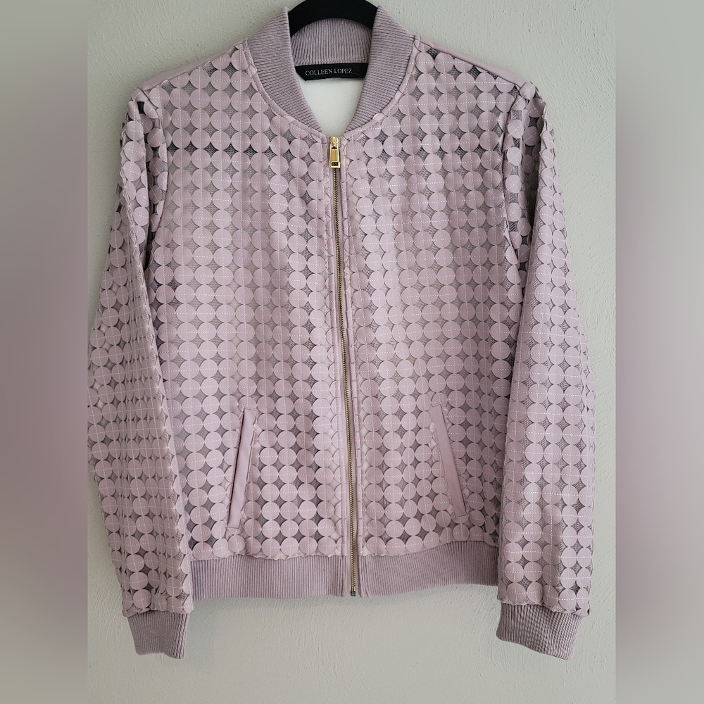 Colleen Lopez SZ XS MAUVE Dream Weaver Laser Cut Bomber Jacket Faux Leather